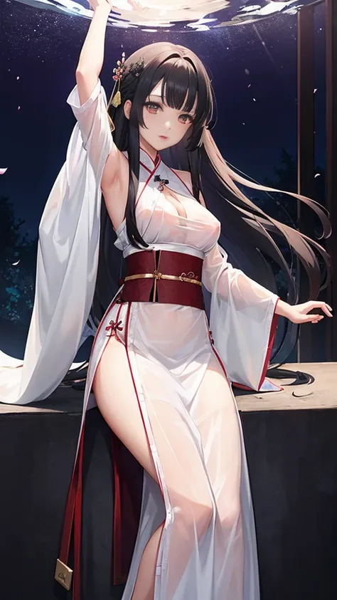 (masterpiece:1.2, beautiful, aesthetic), (Anime style:1.5)，4K,ambient soft lighting, 4K, perfect eyes, perfect face, perfect lighting, 1girl,black hair, ((exposed breasts:1.3)), glowing eyes, hair between eyes, lips, long hair, looking at viewer,parted lip...