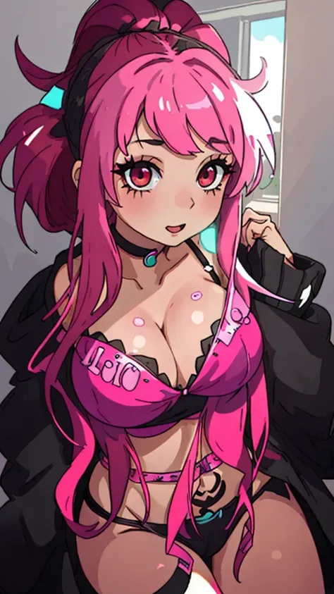 a close up of a woman with bright pink hair and a black choker, big breasts with a small black bikini top, portrait of jinx from arcane, pink twintail hair and cyan eyes, anime girl in real life, crimson red hair and red eyes, 17 - year - old anime goth gi...