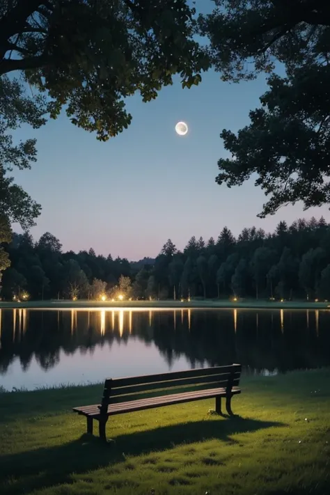 There is a bench in the grass near a lake and a giant tree, cattle grazing near the trees, the moon reflects in the water, full moon in the background, full moon in the background, big moon in the background, big moon in the background!, (moon in the backg...