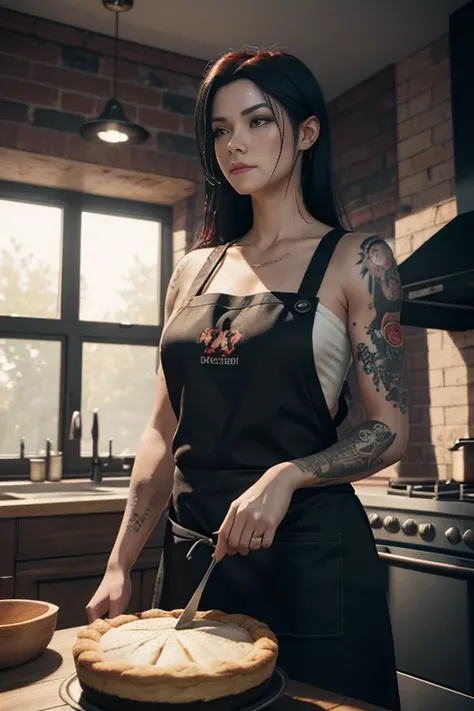 a woman with tattoo, (([red|black] hair)), long hair, wearing a black apron,  cooking, look at viewer, kitchen, cake and pie on background,  indoors, (soothing tones:1.0), (hdr:1.25), (artstation:1.2), dramatic, (intricate details:1.14), (hyperrealistic 3d...