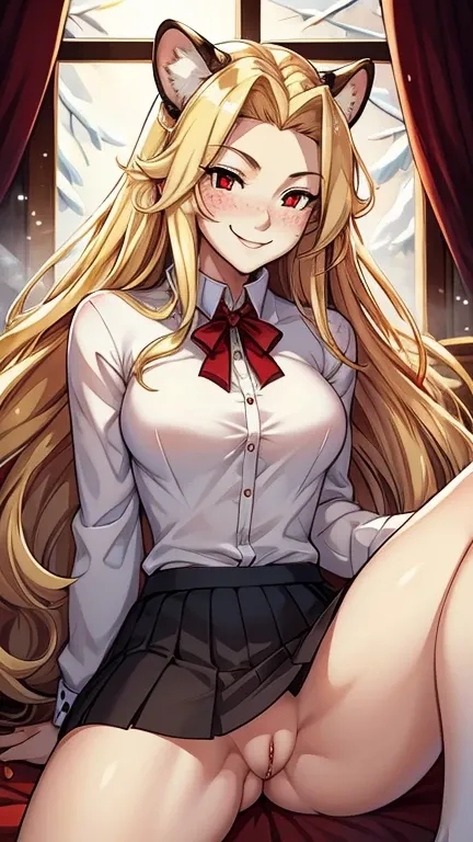  White woman vampire sitting impatiently, fit 6 pack , blond very long super thick wild hair , smiling , blushing , small snow leopard ears , red eyes , suductive smile , freckles,  sexy pose , wearing a short skirt with pussy out