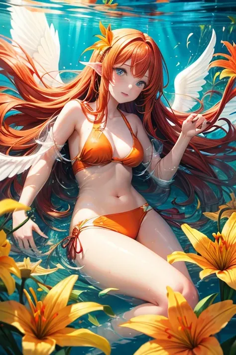 girl underwater, long red flowing hair, angel wings, orange yellow and white lily flowers