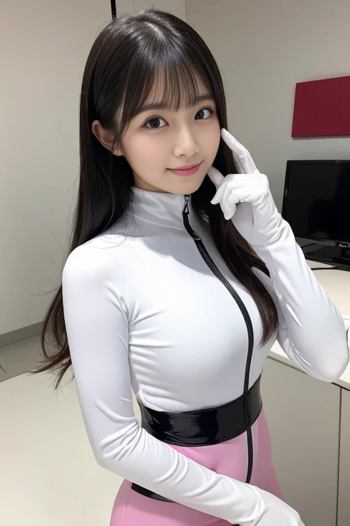 (Place your index finger on your chin, bend the index finger, Shiny rubber suit, gazing at viewer, Leaning forward, 1 girl, Looking at Viewer, from the front side, facing straight at viewer, white clothes, pink line in the clothes, White Gloves, futuristic...