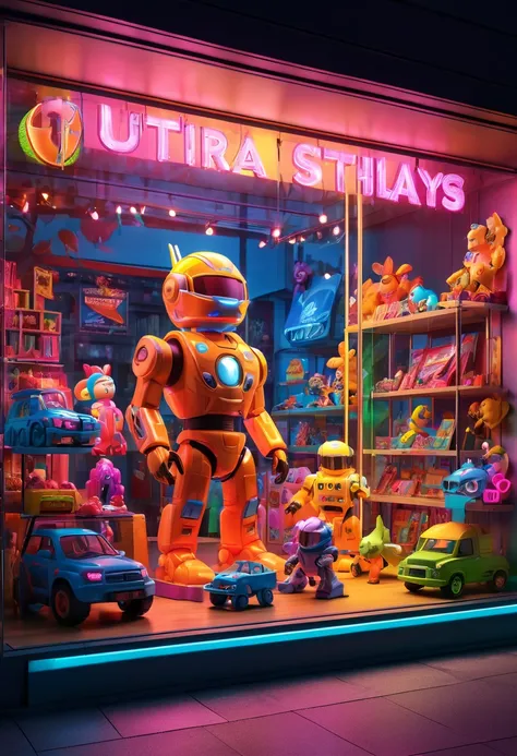 ultra detailed toy, Toy Store Window Display, colorful luminescence, bright neon colors, BREAK high quality render, ultra realistic shadows, photoreal, 8k, photorealistic