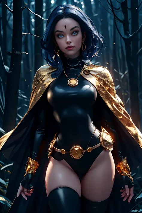 1girl, cowboy shot of rvn, hotraven, pale skin, black leotard, turtleneck, tights, cape, glowing eyes, gold belt, jewels, medallion, athletic, looking at viewer, night, dark forest, mist, fog, volumetric lighting, best quality, masterpiece, intricate detai...