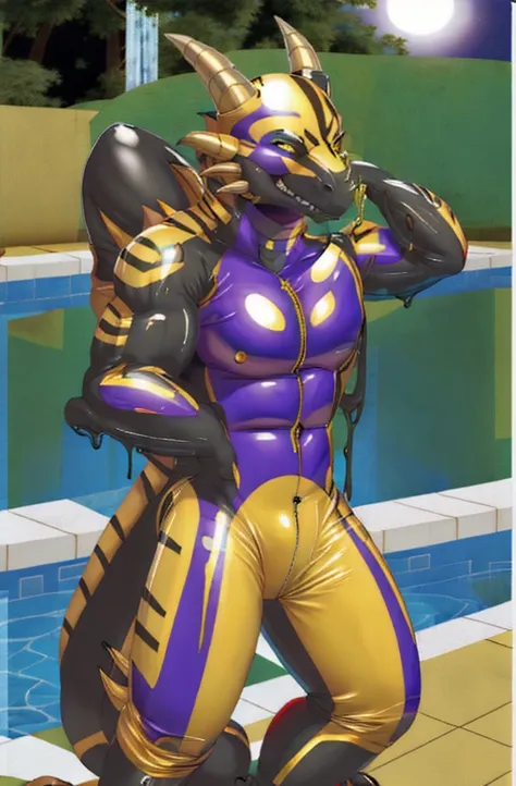 Ultra high resolution, extremely detailed raw photograph, close-up,  (half transformation), human shiny smooth polyvinyl dragon inflatable suit hybridization metamorphosis, in gymnasium pool at night, (half human), ((((purple gold)))), ((liquid polyvinyl g...