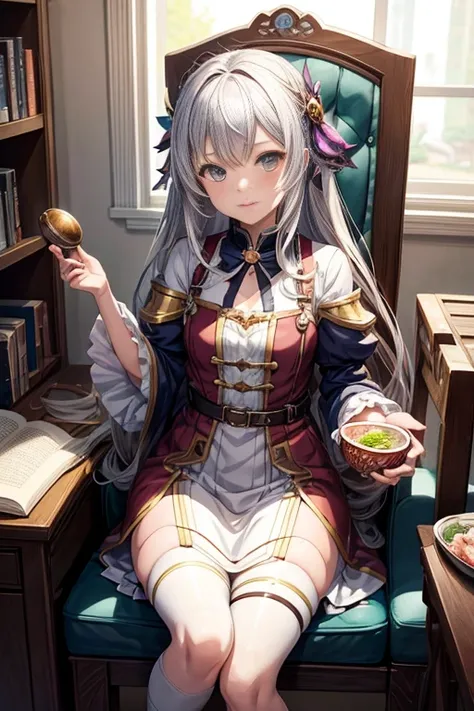 anime girl sitting in chair with a bowl of food in her hand, alchemist girl, light novel cover art, official art, epic light novel art cover, official artwork, epic light novel cover art, loli, isekai, small curvy loli, cushart krenz, cushart, cushart kren...