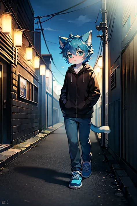 blue short hair，cat ears，cat tail，green eyeluffy，Shota，male，cute，illustration，digital painting，studio lighting，bright colors，Surreal，pastel color palette，soft light，hairy，Cats，long tail，personification，hairy艺术风格，blue fur，black coat，white lining，Baby blue j...