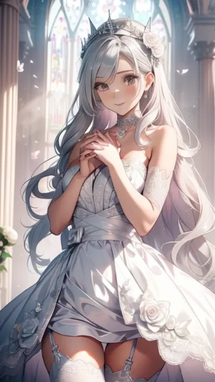 silver hair，butterfly，long gray hair，Light pink wedding dresses，8k wallpaper，Detailed background，best high resolution，deep v big，Hair covering one eye，Bandeau Wedding Dress，church，white roses and pale pink roses，tight fit，stockings,(((perfect and cute hand...