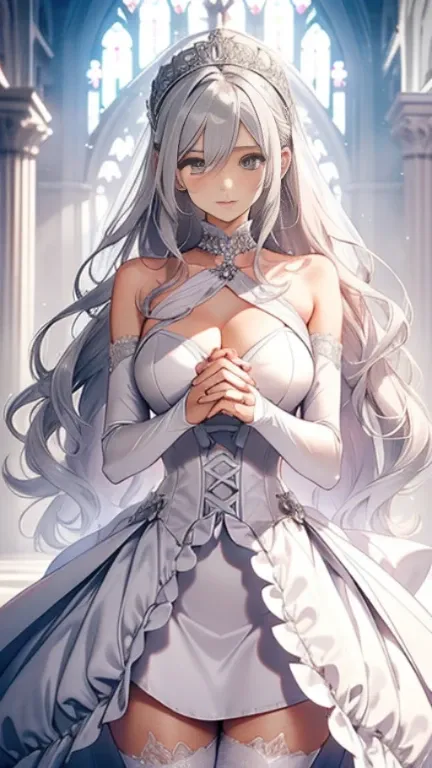 silver hair，butterfly，long gray hair，Light pink wedding dresses，8k wallpaper，Detailed background，best high resolution，deep v big，Hair covering one eye，Bandeau Wedding Dress，church，white roses and pale pink roses，tight fit，stockings,(((perfect and cute hand...