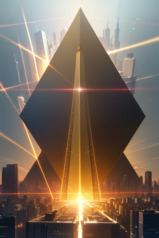 A futuristic background of a golden glass pyramid with laser beams leads to a hyper-realistic scific city with huge skyscrapers. The hyper resolution of the background is 4k and has an aspect ratio of 16:9.golden pyramid, masterpiece, anatomically correct,...