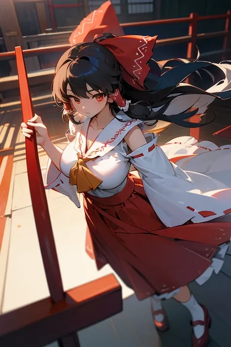 An exquisitely detailed CG artwork depicting Hakurei Reimu, a solitary shrine maiden, in the highest quality. Featuring a delicate white ribbon and socks, large breasts, and wide hips, this masterpiece illustration showcases the beauty of solo female chara...