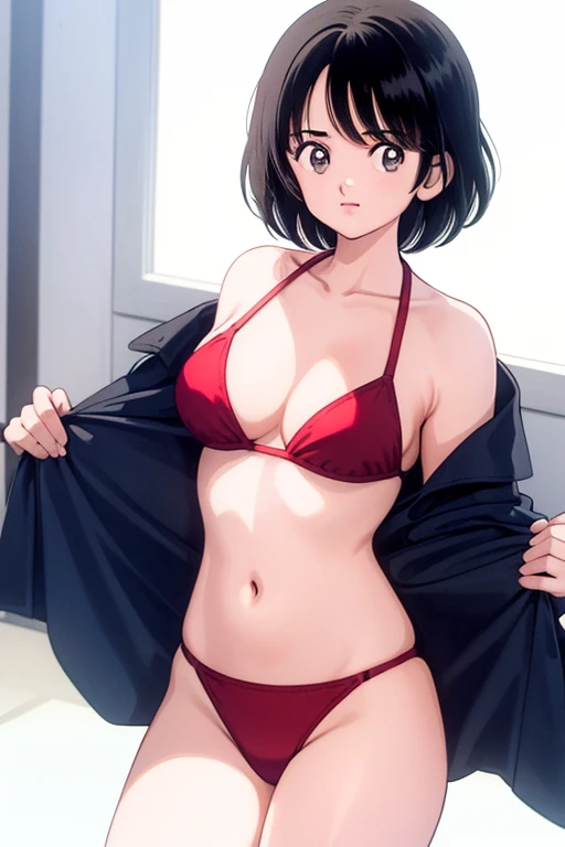 1girl, haruka, black hair, short hair, bangs, looking at viewer, medium breast, cleavage, red micro bikini, (best quality, masterpiece:1.3)