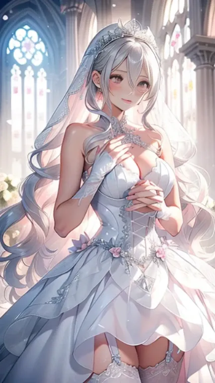 silver hair，butterfly，long gray hair，Light pink wedding dresses，8k wallpaper，Detailed background，best high resolution，deep v big，Hair covering one eye，Bandeau Wedding Dress，church，white roses and pale pink roses，tight fit，stockings,(((perfect and cute hand...