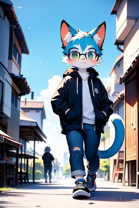 （best quality，4k，8k，high resolution，masterpiece：1.2），Ultra-detailed，（lifelike，lifelike，lifelike：1.37），blue short hair，cute，illustration，Shota，digital painting，studio lighting，bright colors，Surreal，pastel color palette，soft light，hairy，Cat，Cat耳朵，Cat尾巴，green...