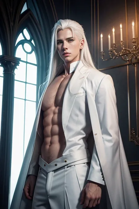 masterpiece, highest quality, (solo focus), (perfect face:1.1), (high detail:1.1), (hyper detailed eyes), dramatic, a guy with pale skin and long voluminous white hair, white eyes, solo, long hair, Sephiroth, moon, night, white luxury suit, covered navel, ...