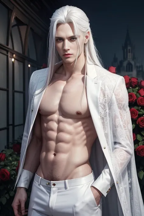 masterpiece, highest quality, (solo focus), (perfect face:1.1), (high detail:1.1), (hyper detailed eyes), dramatic, a guy with pale skin and long voluminous white hair, white eyes, solo, long hair, Sephiroth, moon, night, white luxury suit, covered navel, ...