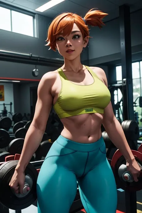 Misty Pokémon, obra de arte, melhor qualidade, high resolution, 1 garota, (Pokémon), cabelo laranja, Sozinho, blue leggings, rabo de cavalo lateral, Athletic body, cabelo laranja, barriga, yellow sports bra, umbigo, cabelo curto, sorriso, seios grandes, ti...