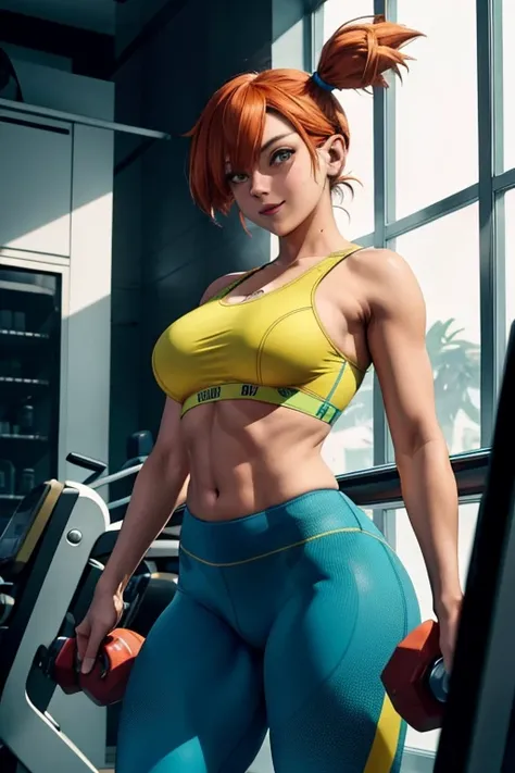 obra de arte, melhor qualidade, high resolution, 1 garota, (Pokémon), cabelo laranja, Sozinho, blue leggings, rabo de cavalo lateral, Athletic body, cabelo laranja, barriga, yellow sports bra, umbigo, cabelo curto, sorriso, seios grandes, tiro de corpo int...