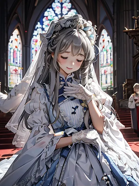 in front of the altar of a majestic church、（blurred background）、brighter light、（girl with long silver hair）、classic white weddin...