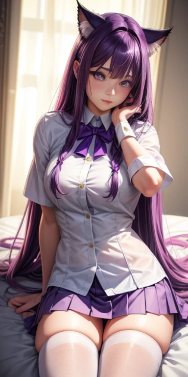 realistic, 1girl, long purple hair, purple eyes, glowing eyes, white shirt, short skirt, lewd expression, blush, white stockings, cat ears, no human ears, dark skin, young, on bed,