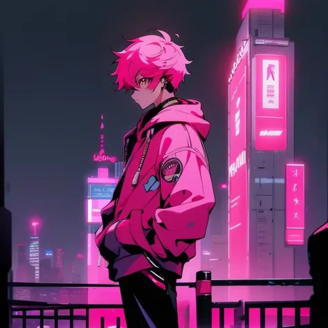 (shortcut), (two block hair), (bright pink hair), (male character), (red eyes), (cool pose), (top quality), (masterpiece), (Super detailed), (oversized hoodie), (Street style), (neon), (modern city), (neonデイライト), (cinematic), (stylish), (High resolution), ...