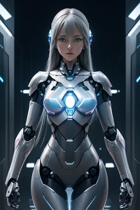 ((robot girl, mecha)), glowing eyes, delicate face, broken armor, mechanical aura, mechanical arm, gray hair, long hair, ceramic body, thigh gap, small breast, cyber background, very fine city, (translucent, reflective skin), 8k, best quality, ultra-detail...