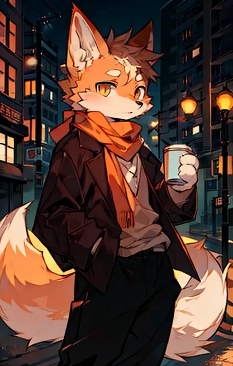 furry,fur,body fur,City,street,alone,long sleeves,long trousers，holding coffee in hand，boy，fox，orange scarf