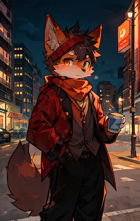 furry,fur,body fur,City,street,alone,long sleeves,long trousers，holding coffee in hand，boy，fox，orange scarf