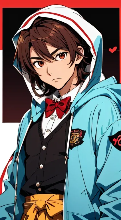 (male anime characters) with a (anime boy) watch. together with (Anime Moe Artstyle), together with (1 man). he wears (black hoodie) and is cute (bow tie) that is one (bow tie), (long floppy bow tie:1.2), or (big bow tie:1.1) Kemonomimi, with (red-brown ha...