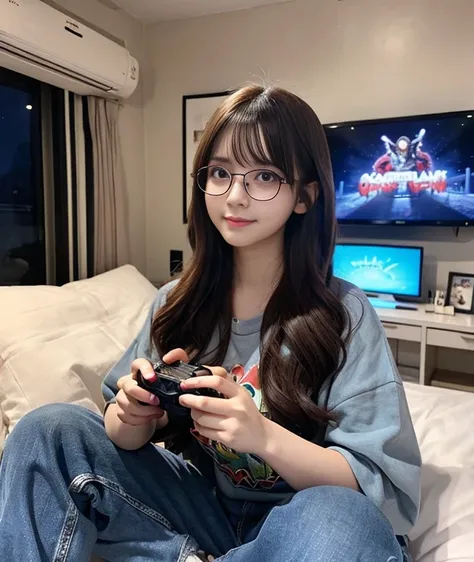 （Highest image quality、Reality、photograph）、Otaku woman playing video games、night time、my room、relaxed atmosphere、Have fun、detailed eyes、detailed limbs、glasses、wavy layered cut