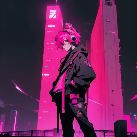 (shortcut), (two block hair), (bright pink hair), (male character), (red eyes), (cool pose), (top quality), (masterpiece), (Super detailed), (oversized hoodie), (Street style), (neon), (modern city), (neonデイライト), (cinematic), (stylish), (High resolution), ...