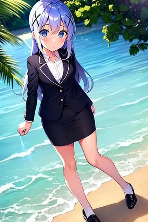 1girl, chino kafuu, beach background, beach, suit, office lady, black skirt, black blazer, pencil skirt, skirt suit, long skirt, white shirt, collared shirt, long hair, teenager, looking at viewer, full body