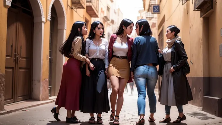 4 Lesbian girls kissing in moroccan crowded streets. Full body shot. 
