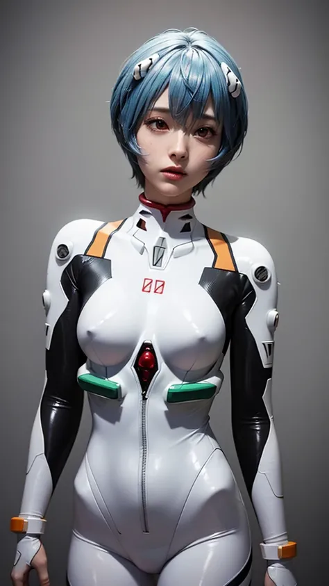 (masterpiece, highest quality), 1 girl, beautiful face, beautiful body,  ayanami_king, plug suit, body suit, interface headset, white body suit