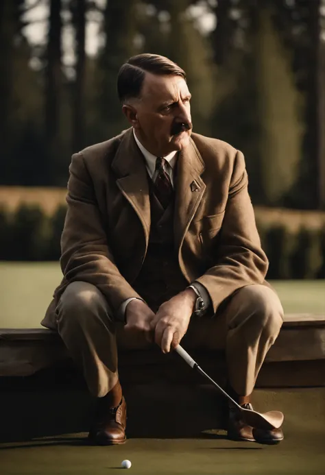 Adolf hitler spielt Golf, A German Shepherd sits next to him 