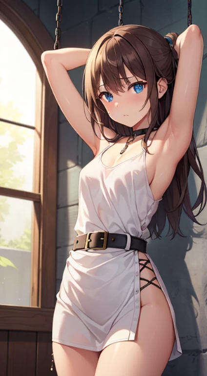 ((masterpiece)), ((best quality)), (ultra-detailed), NSFW, ((torture chamber)),a cute girl, 1girl, solo, (white mini tanktop dress),(chain bound arms), (both hands are bound and is hung from the ceiling),bdsm,shibari,restrained,((thin waist)),(((single nar...