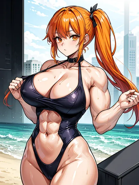 （（（masterpiece、Highest image quality、highest quality、highly detailed unity 8ｋwallpaper）））、（（Illustration of one girl））、（（（beautiful girl）））、（（orange hair、side ponytail、sidelocks：1.2、orange eyes））、（（（stocky build, thickset physique：1.3, muscular legs, broad...