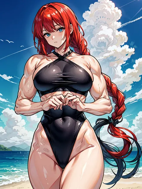 （（（masterpiece、Highest image quality、highest quality、highly detailed unity 8ｋwallpaper）））、（（Illustration of one girl））、（（（beautiful girl）））、（（red hair、Braid、sidelocks：1.2、blue eyes））、（（（stocky build：1.3, thickset physique, muscular legs, broad shoulders, s...