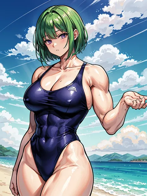 （（（masterpiece、Highest image quality、highest quality、highly detailed unity 8ｋwallpaper）））、（（Illustration of one girl））、（（（beautiful girl）））、（（green hair、very short hair、sidelocks、purple eyes））、（stocky build, thickset physique, muscular legs, broad shoulder...