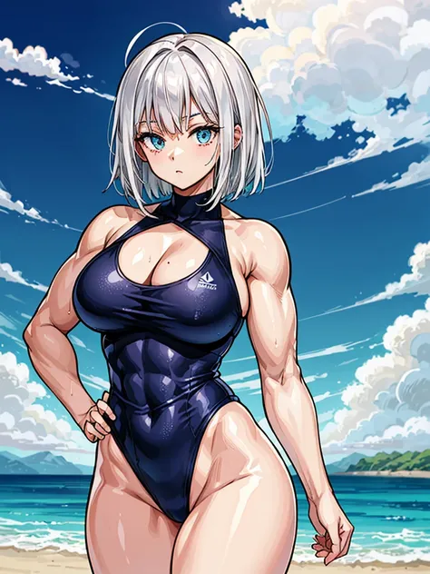 （（（masterpiece、Highest image quality、highest quality、highly detailed unity 8ｋwallpaper）））、（（Illustration of one girl））、（（（beautiful girl）））、（（white hair、short hair、light blue eyes））、（（（stocky build, thickset physique, muscular legs, broad shoulders, solid ...