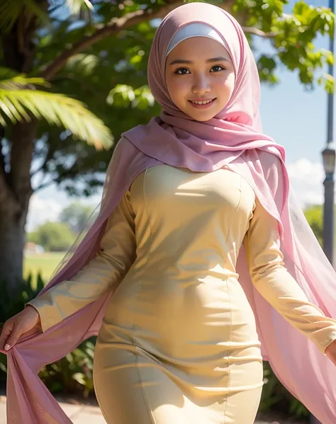 malay girl, best quality, soft light, (depth of field), ultra hi-res, ((wearing hijab)), ((wearing malay traditional dress)), solo, great smile, (brown eyes), detailed beautiful eyes, sexy lips, (long fluffy brown hair), slim body, 165cm height, medium bre...