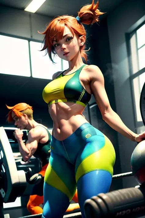 obra de arte, melhor qualidade, high resolution, 1 garota, (Pokémon), cabelo laranja, Sozinho, blue leggings, rabo de cavalo lateral, Athletic body, cabelo laranja, barriga, yellow sports bra, umbigo, cabelo curto, sorriso, seios grandes, tiro de corpo int...