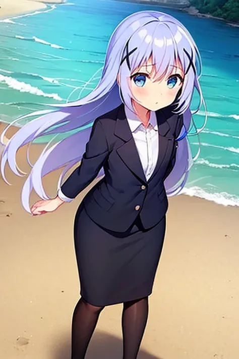 1girl, chino kafuu, beach background, beach, suit, office lady, black skirt, black blazer, pencil skirt, skirt suit, medium leng...