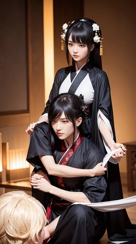 A man on the left is holding a woman on the right. The man looks handsome with a slender physique and is wearing hanfu black clothes. The woman is very beautiful with a good figure and is wearing hanfu white clothes. The two are in front of the screen with...