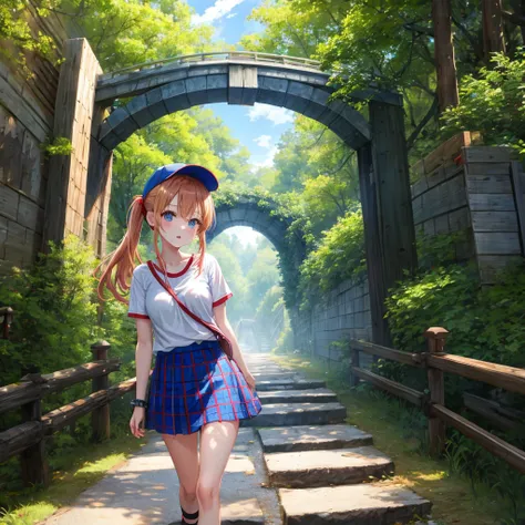 Red-blonde、blue hair、blue eyeraid、ponytail、one good looking girl、solo、anime、Plaid miniskirt、black t-shirt、camisole、forest、walking、Wearing a plaid baseball cap、Tilting your face、log bridge、Doing the ribbon、sunset sky、wearing headphones、stone bridge、stone st...