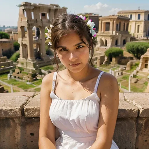 16 year old girl in a  short white tunica  (plebs dress) selling flowers at a roman forum, gazing into the camera, sitting next to her stand