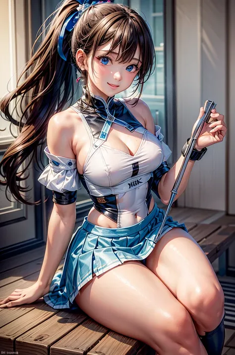 (masterpiece、high quality:1.5), (High definition:1.5), Beautiful face、brown hair、((ponytail、deep blue eyes:1.2))、shiny and smooth hair, shy smile, Highly detailed CG unified 8k wallpaper, extremely detailed、Warrior armor、super mini skirt、White panties peek...