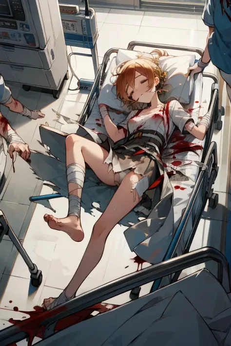 emergency transport,stretcher,intravenous drip, doctors,running,sleeping,lying on back,hospital hallway,(((bloody, blood on dress,torn dress, carrying))),bandages on face,emphasis lines,multiple boys BREAK 1 girl, mami tomoe, (torn clothes, torn skirt, whi...