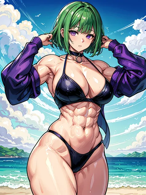 （（（masterpiece、Highest image quality、highest quality、highly detailed unity 8ｋwallpaper）））、（（Illustration of one girl））、（（（beautiful girl）））、（（green hair、very short hair、sidelocks、purple eyes））、（stocky build, thickset physique, muscular legs, broad shoulder...